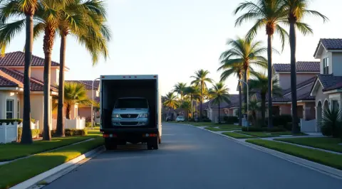 Auto transport carrier on a quiet Southwest Florida residential street lined with palms