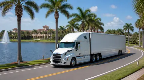 Auto transport carrier on a lakeside drive in a gated Florida community