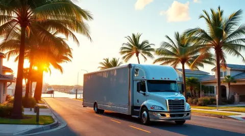 Enclosed auto transport carrier on a palm-lined canal street in Cape Coral, Florida