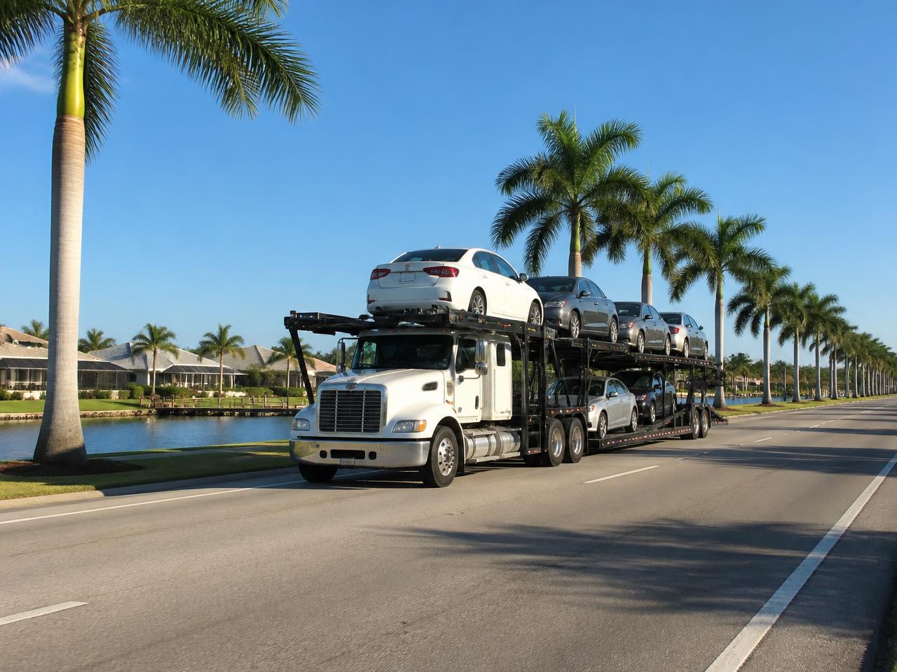 Open multi-car carrier hauling vehicles across the Cape Coral Bridge in Cape Coral, Florida